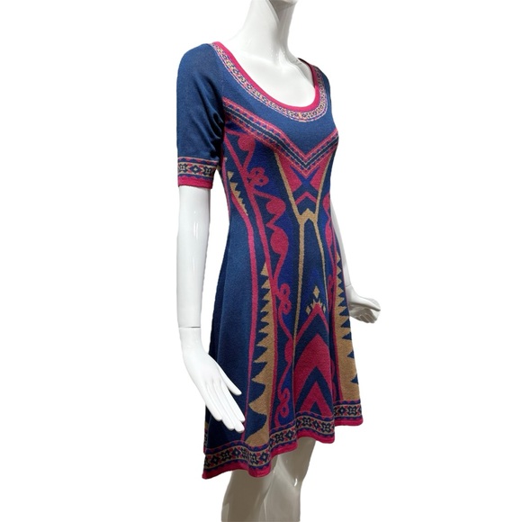 FLYING TOMATO Blue Pink Geometric Bohemian Bodycon A-line Pullover Dress Size M - Picture 3 of 16